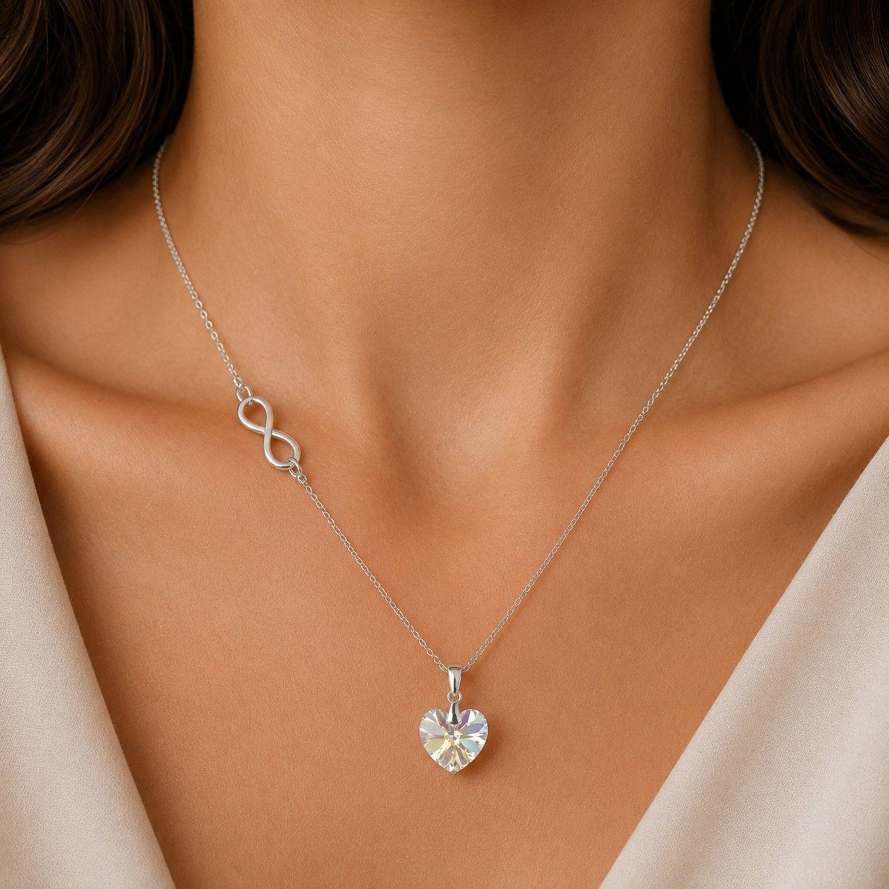Collar Infinito Corazón Cristal Aurora Boreal Plata 925 -0