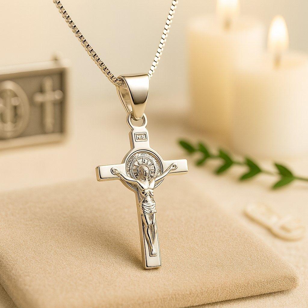Collar Crucifijo San Benito en Plata 925 -2
