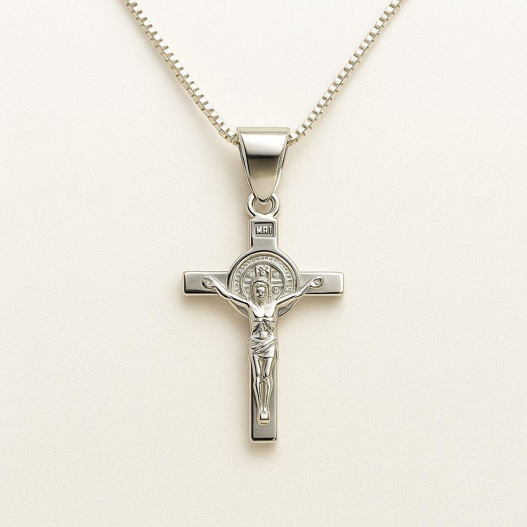 Collar Crucifijo San Benito 50cm en Plata 925 -0