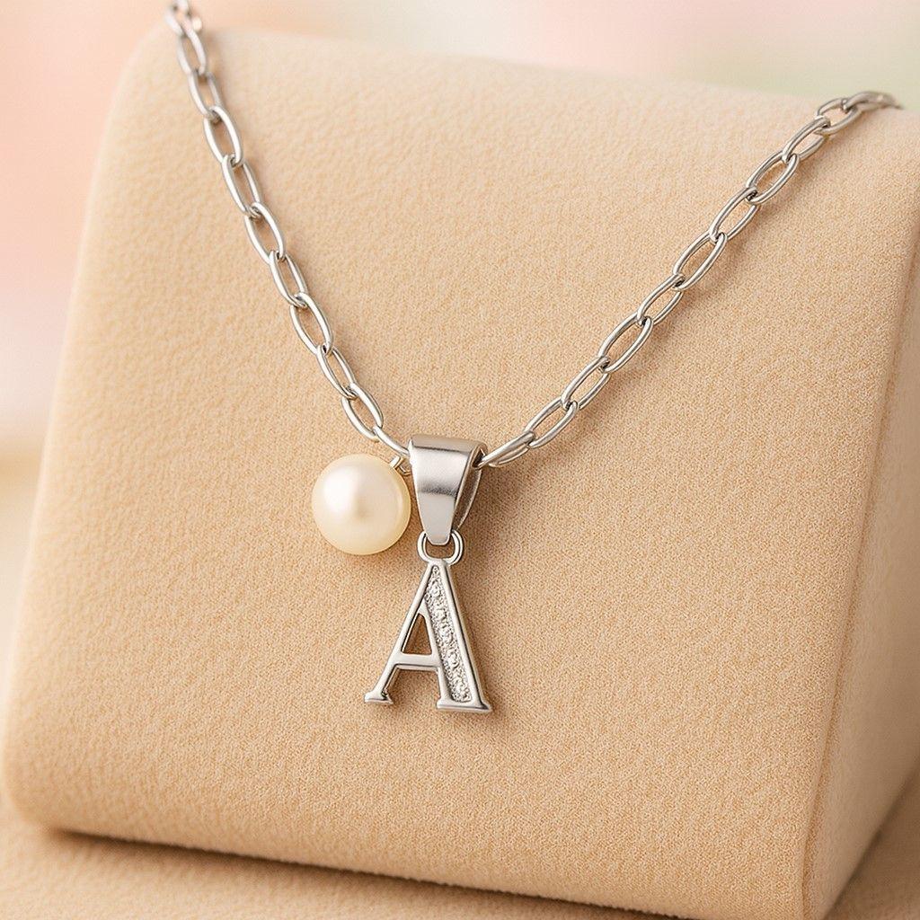 Collar Letra A Circón Perla De Rio Plata Ley 925 -2