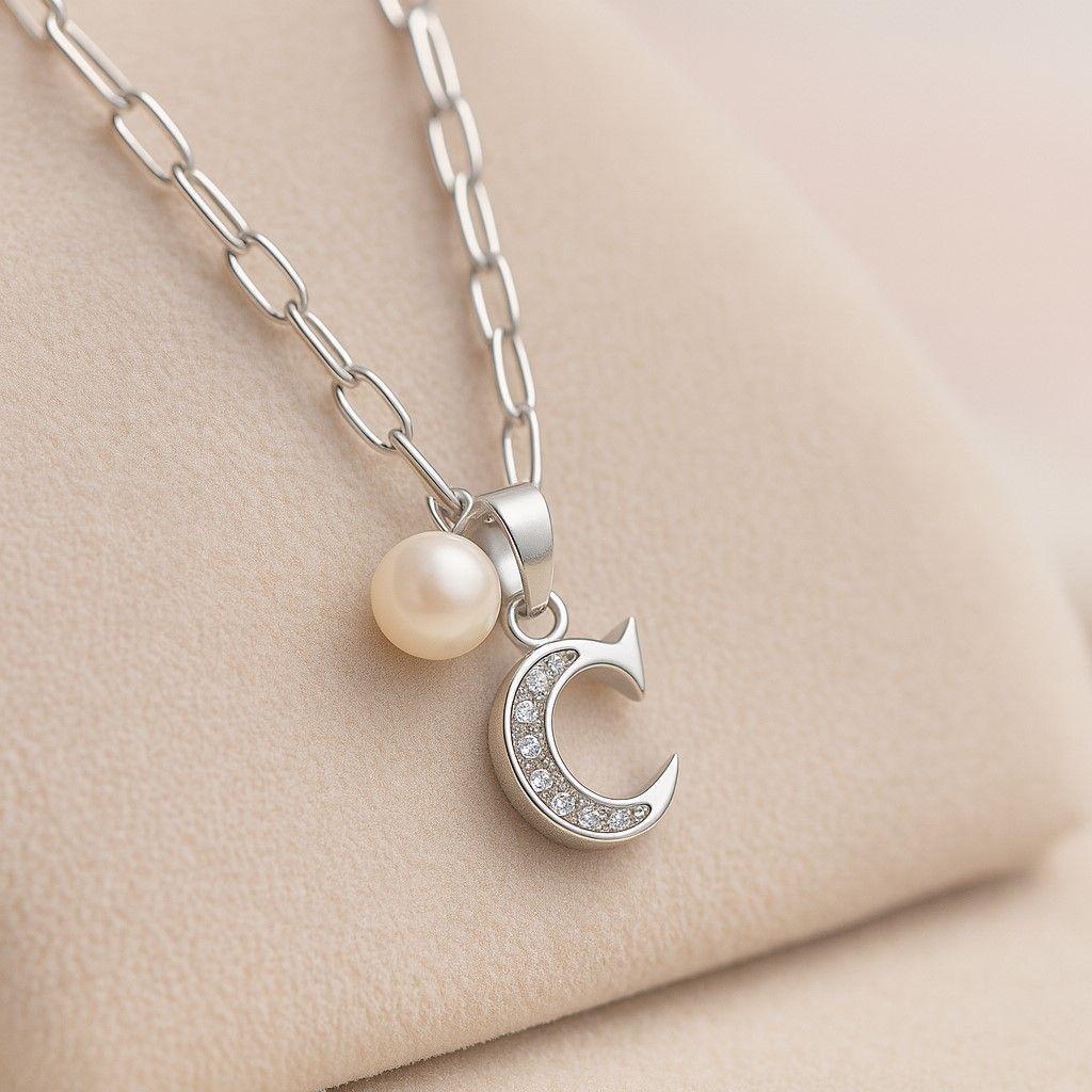 Collar Letra C Circón Perla De Rio Plata Ley 925 -2