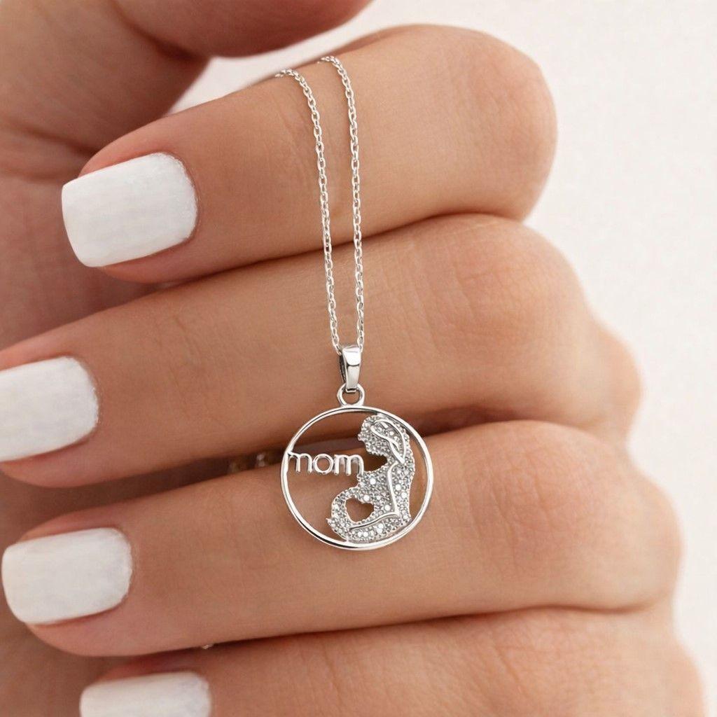 Collar Colgante Mom Circón Elegante Plata Ley 925 -2