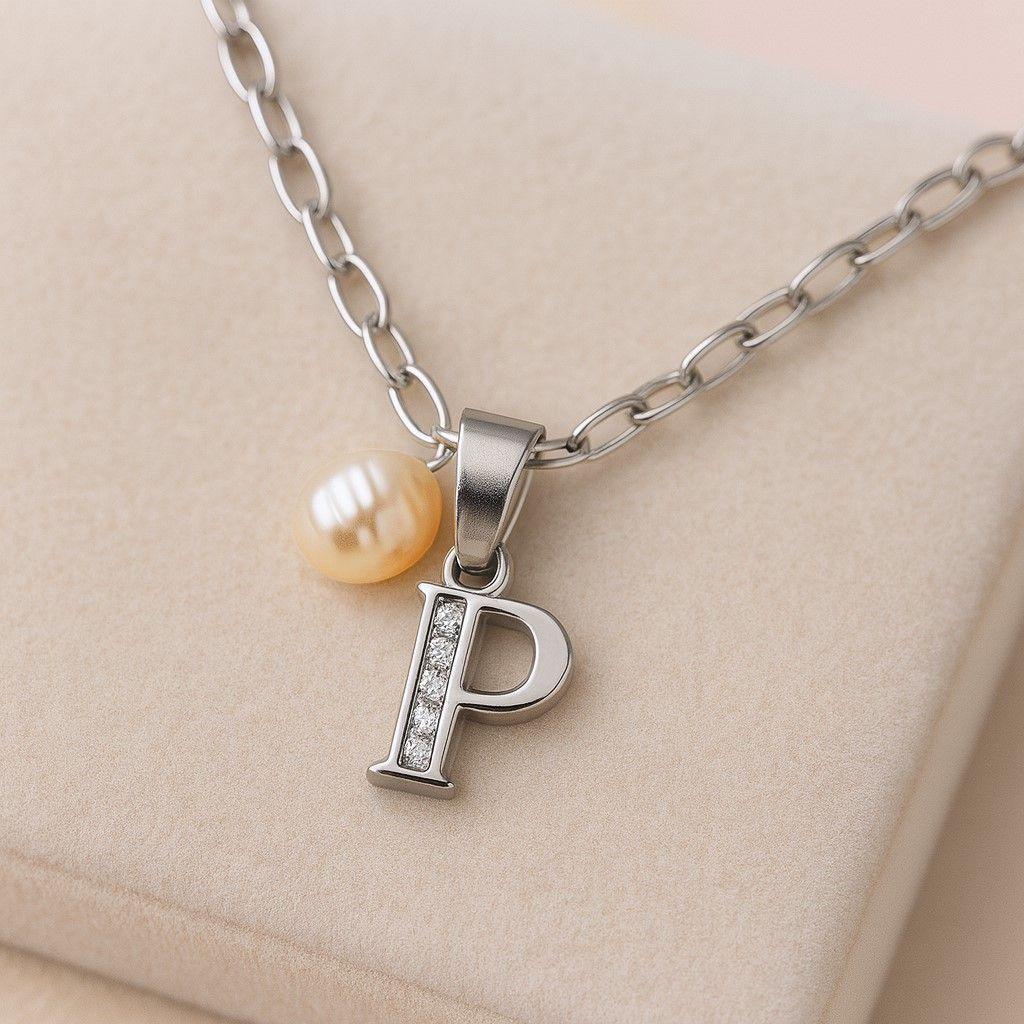 Collar Letra P Circón Perla De Rio Plata Ley 925 -2