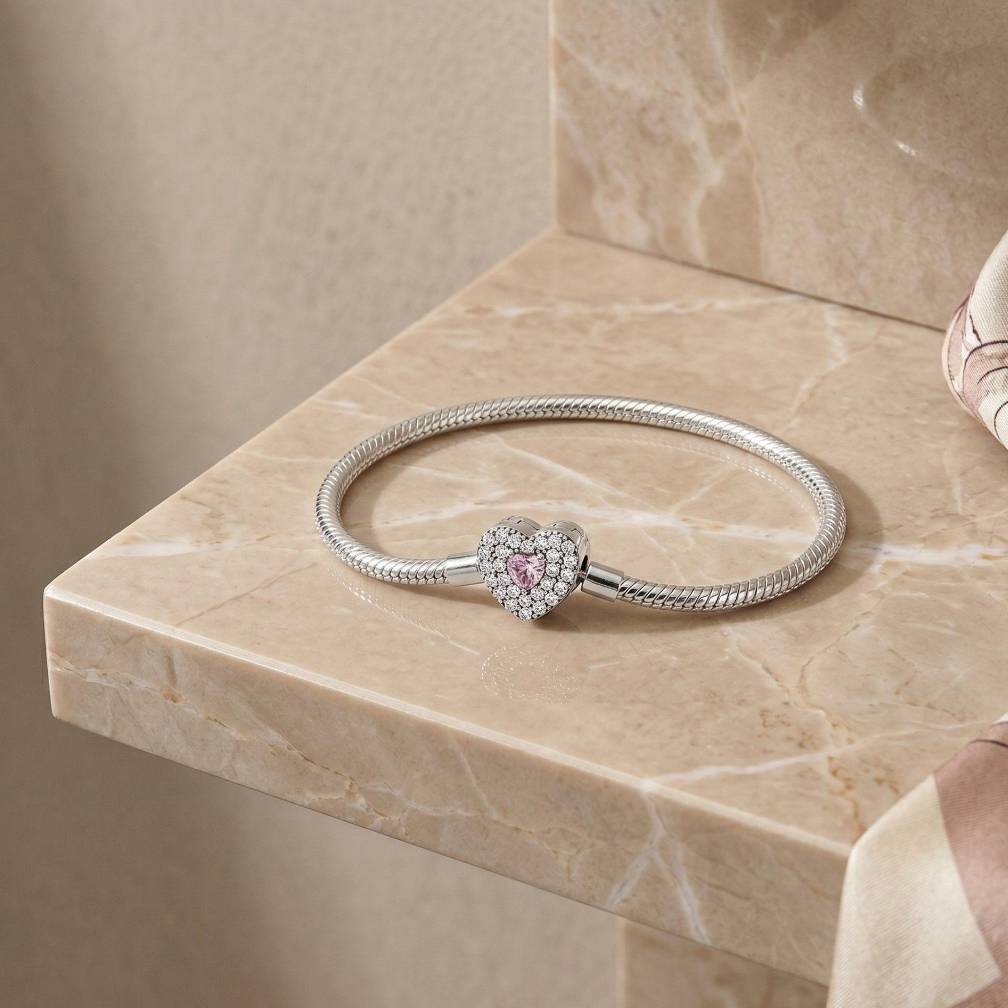 Pulsera Charm Corazón Circón Rosa Plata 925-2