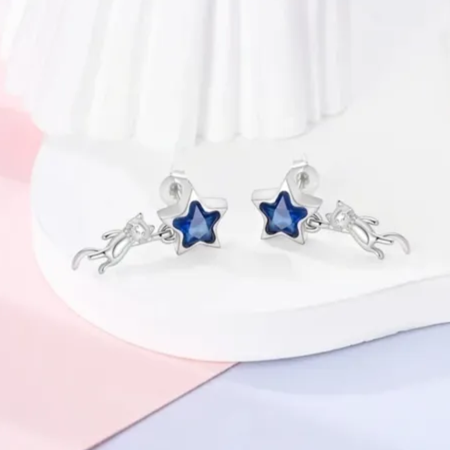 Aros Plata 925 Gatito Colgando de Estrella Azul -2