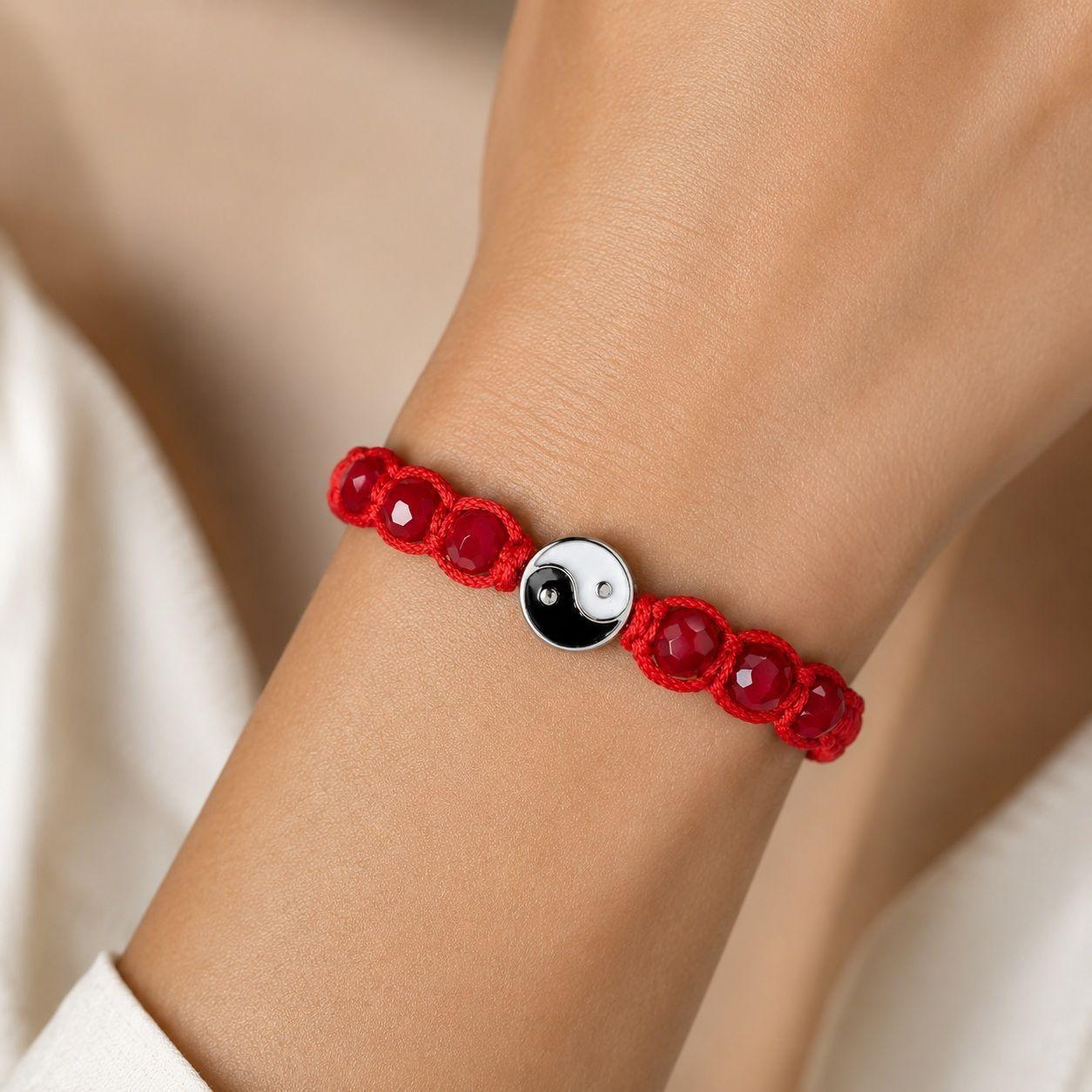 Pulsera Hilo Rojo Yin Yang Cristal Acero Inoxidable-3