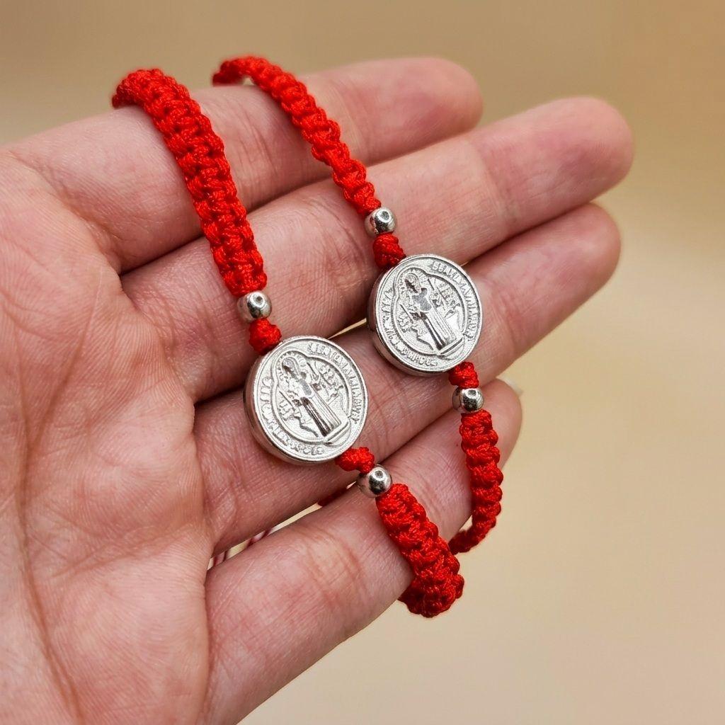 Pack 2 Pulseras Hilo Rojo San Benito Protección Acero-0