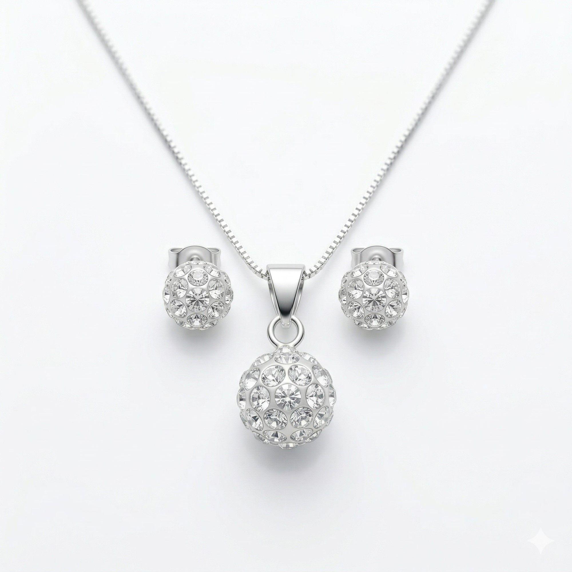 Conjunto Collar y Aros Esfera Strass Plata Ley 925 -0