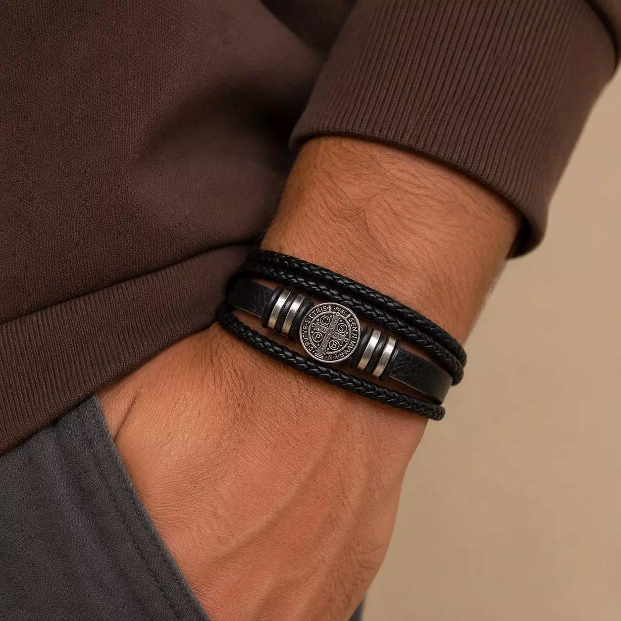 Pulsera Cuero Hombre Brújula Vikinga Nórdico Acero Inoxidable  -2