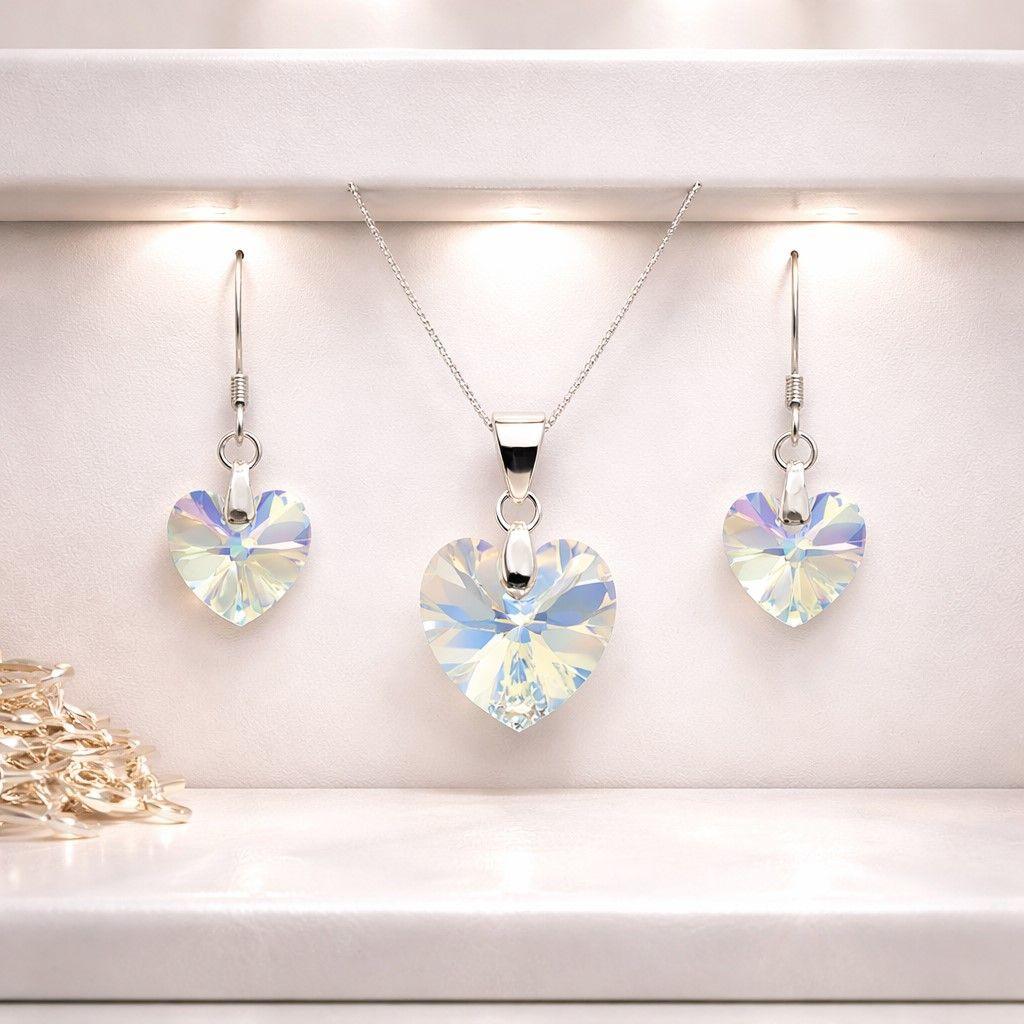 Conjunto Collar y Aros Corazón Cristal Austriaco Aurora Boreal Plata 925 -2