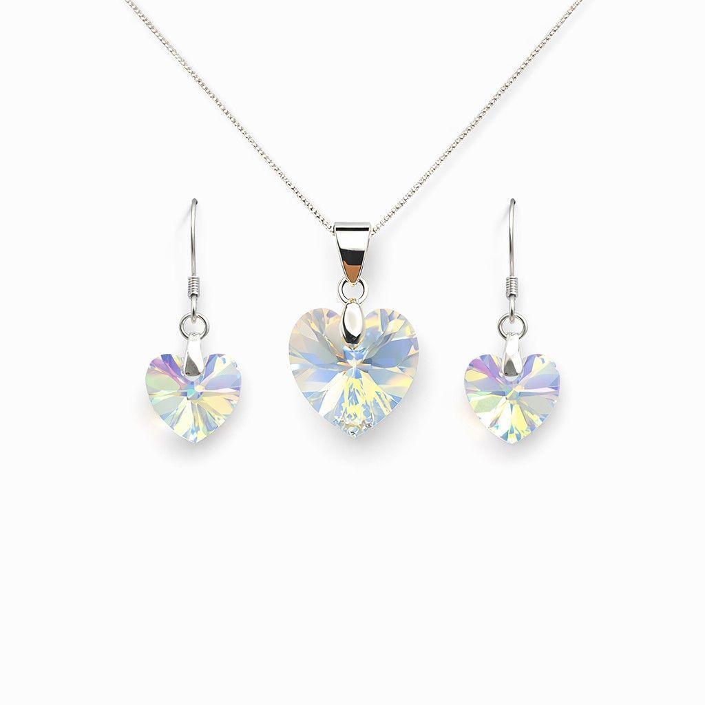 Conjunto Collar y Aros Corazón Cristal Austriaco Aurora Boreal Plata 925 -0