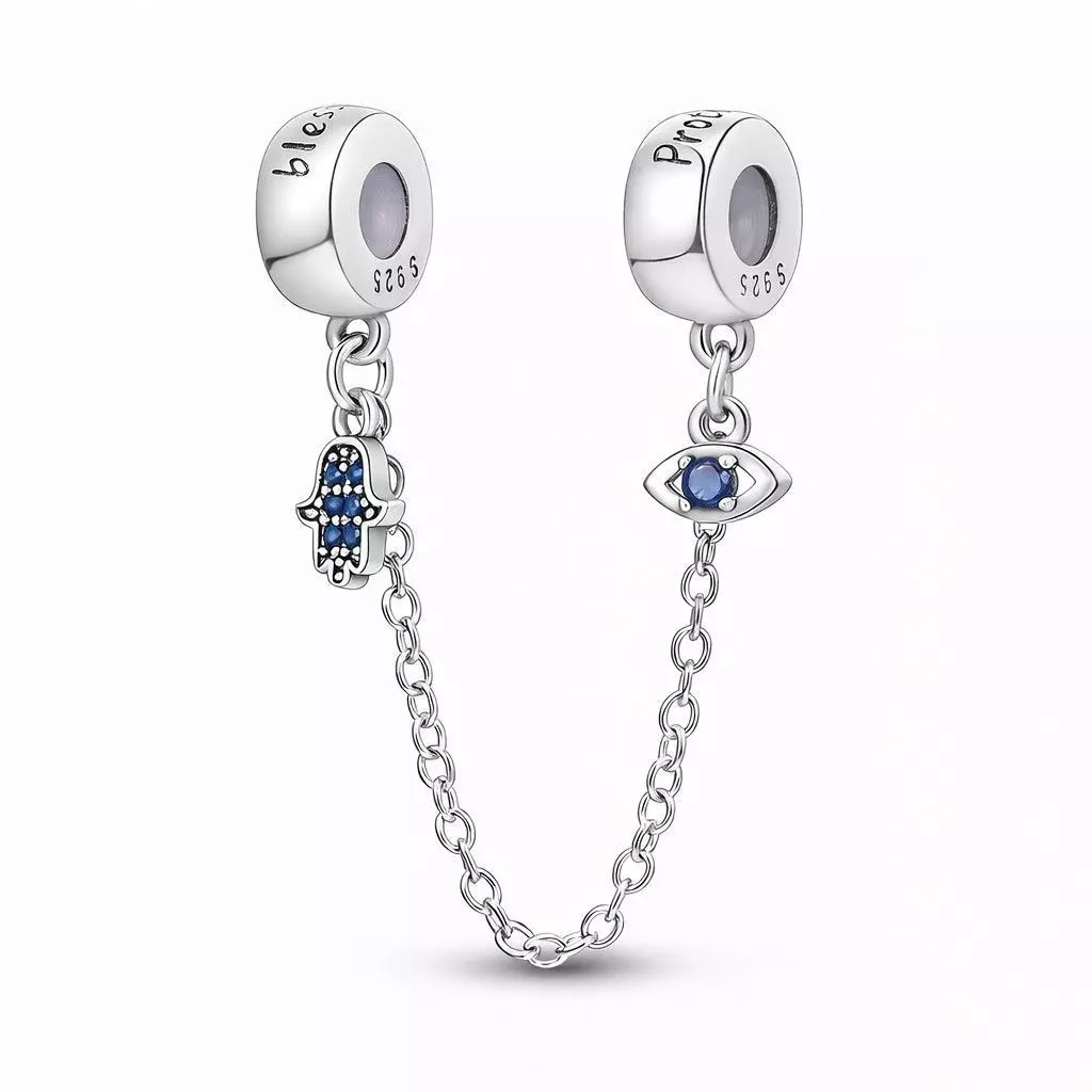 Cadena de seguridad Charm Mano Fatima y Ojo Turco en Plata 925  -0