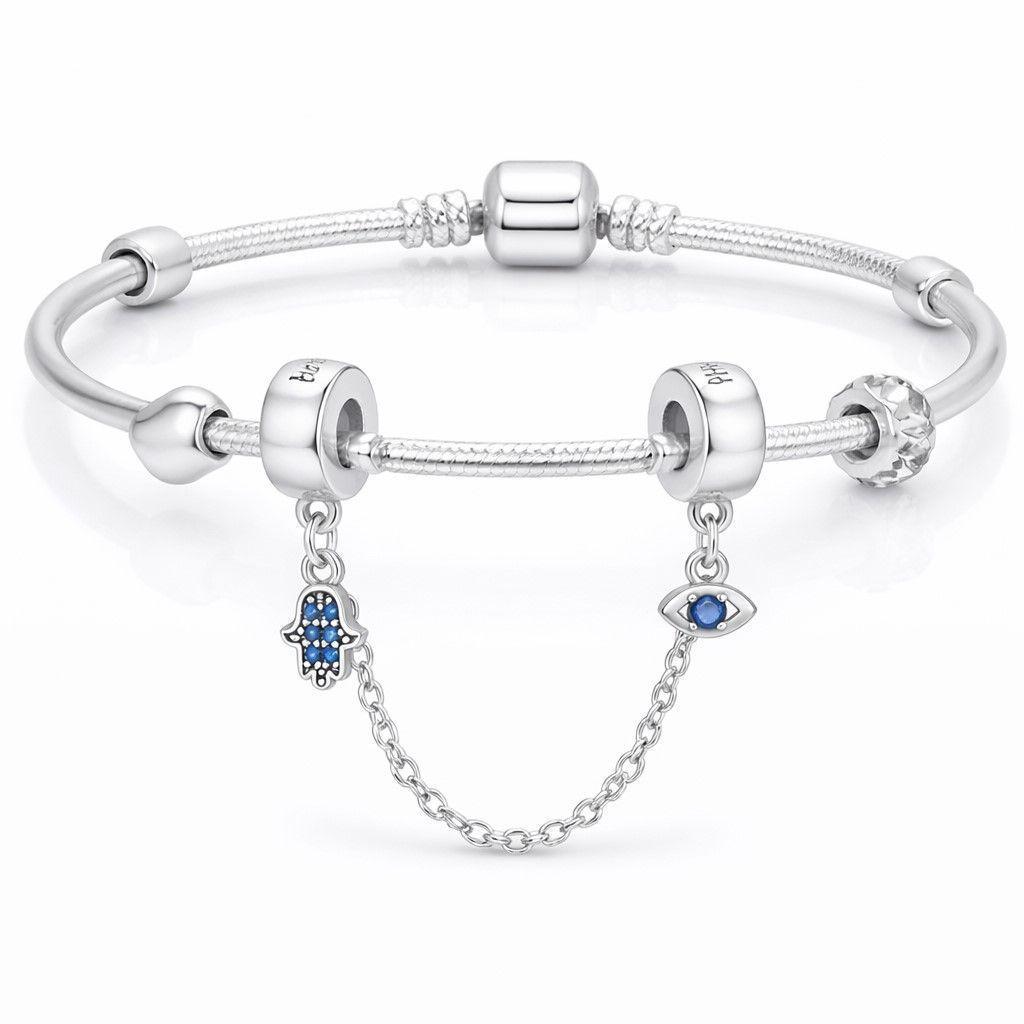 Cadena de seguridad Charm Mano Fatima y Ojo Turco en Plata 925  -2