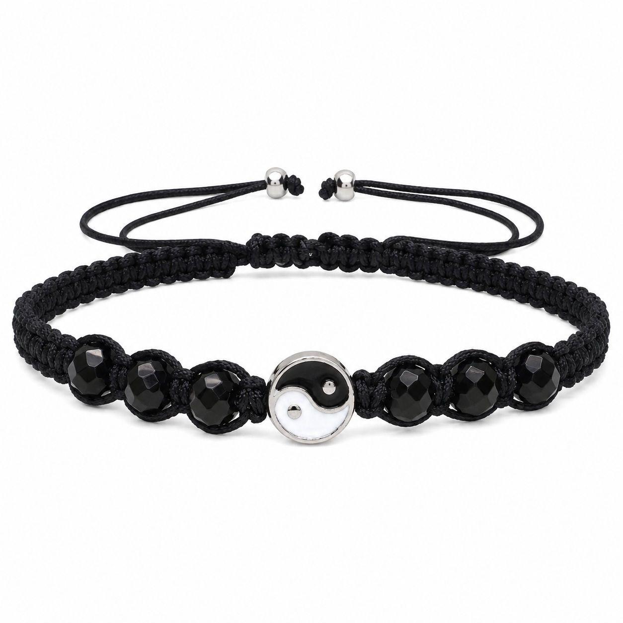 Pulsera Yin Yang Hilo Negro Cristal Acero Inoxidable-0