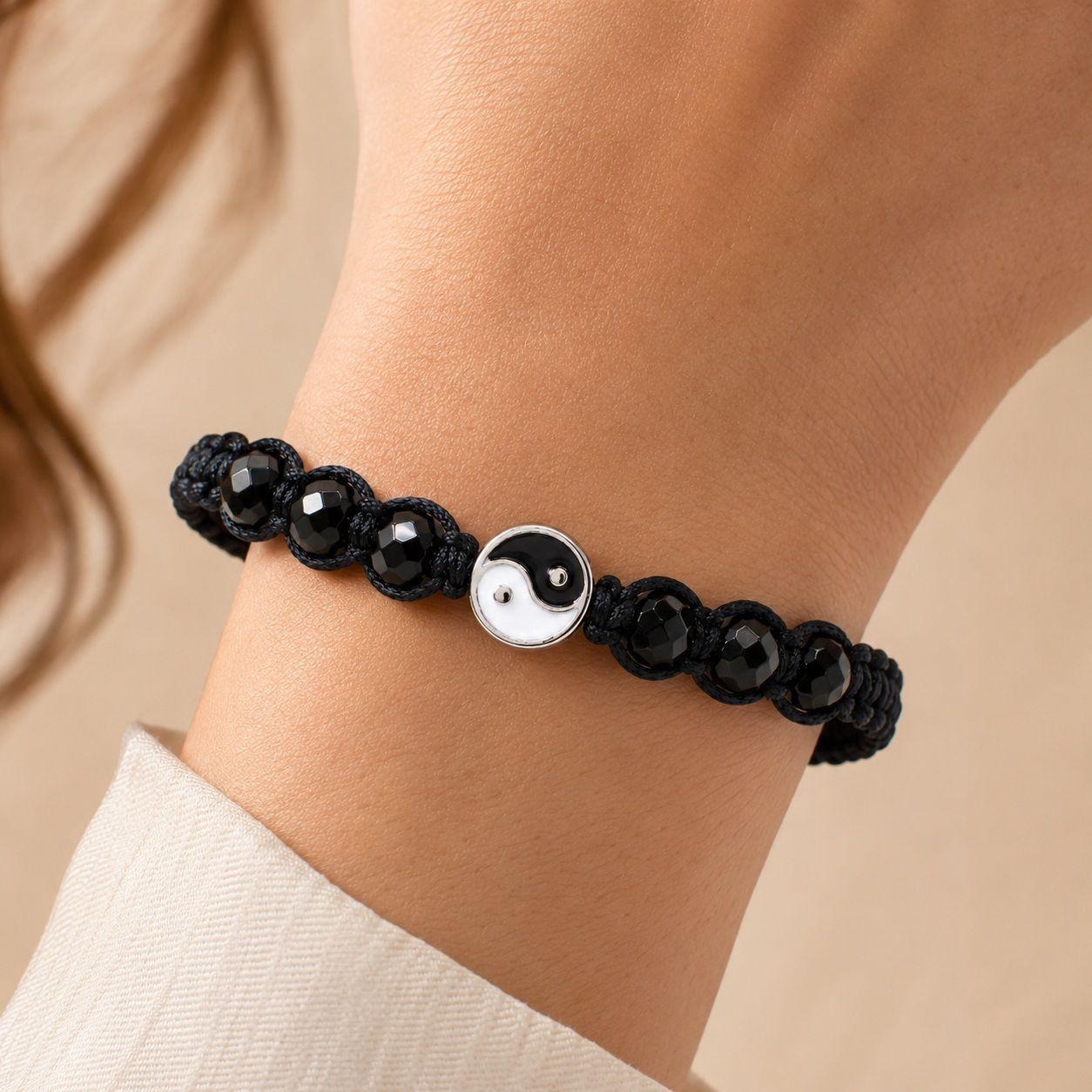 Pulsera Yin Yang Hilo Negro Cristal Acero Inoxidable-3