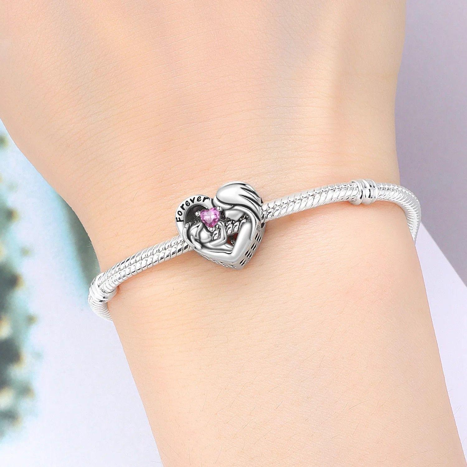 Charm Dije Mamá con Bebé Circón Rosa Plata 925-3