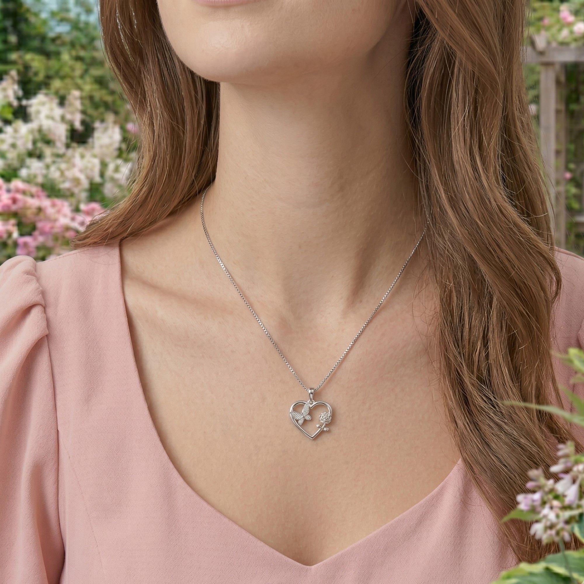 Collar Corazón Mariposa Flor Circones Plata Ley 925 -3