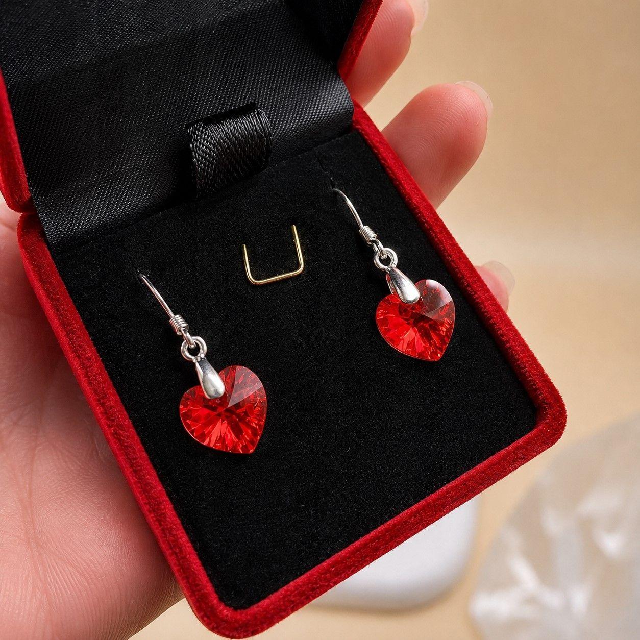 Aros Cristal Austriaco Corazón Rojo Plata Ley 925 -2