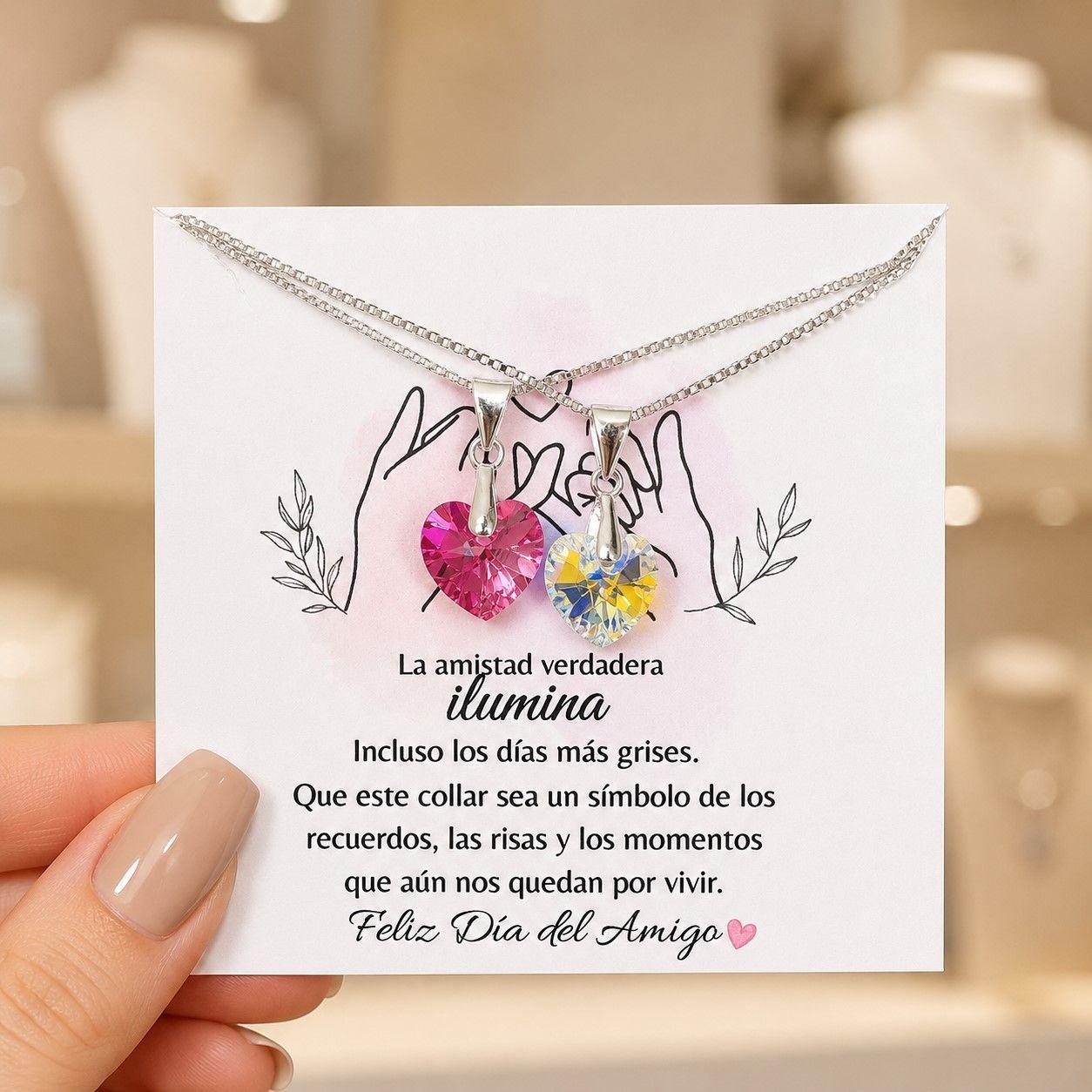 Pack 2 Collares Corazón Rosa y Cristal Amigas Por Siempre Plata 925 -0