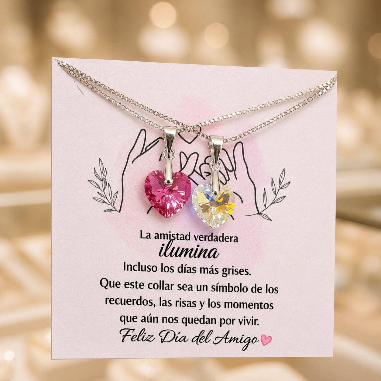 Pack 2 Collares Corazón Rosa y Cristal Amigas Por Siempre Plata 925 -4