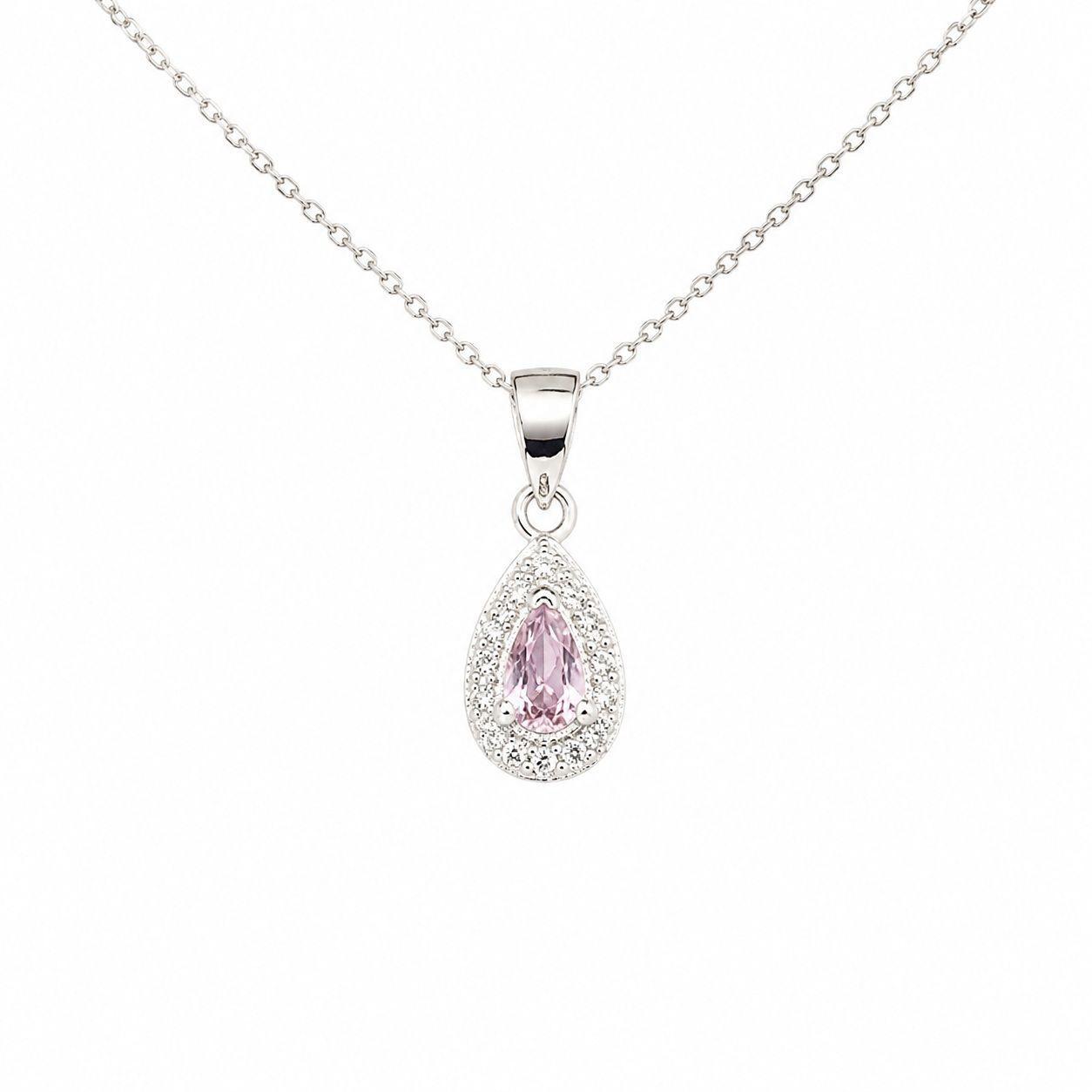 Collar Gota Circón Rosa Plata Ley 925-0
