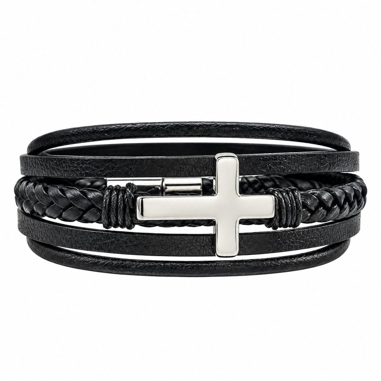 Pulsera Hombre Cuero Cruz Acero Inoxidable  -0