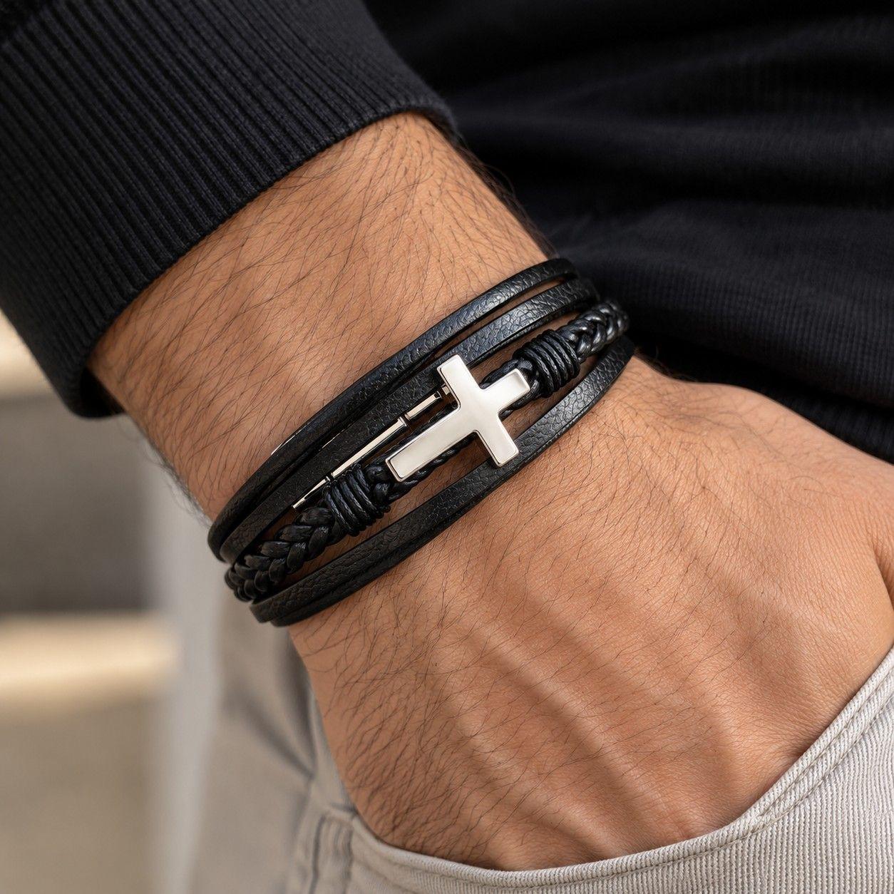 Pulsera Hombre Cuero Cruz Acero Inoxidable  -2