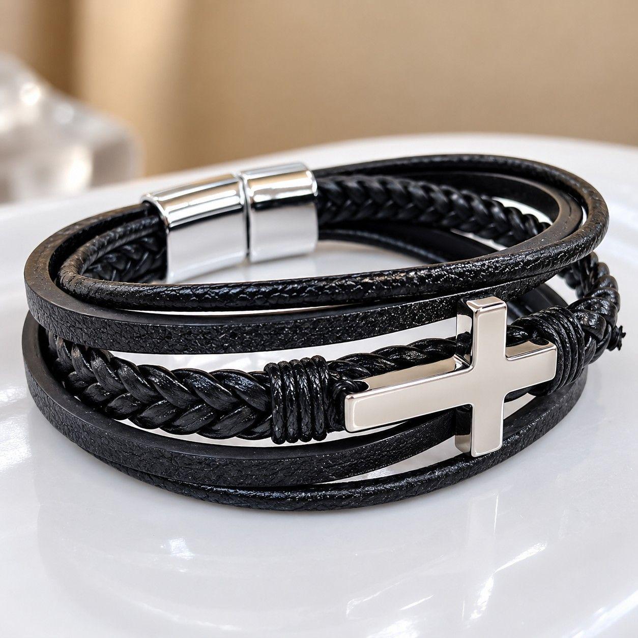 Pulsera Hombre Cuero Cruz Acero Inoxidable  -3