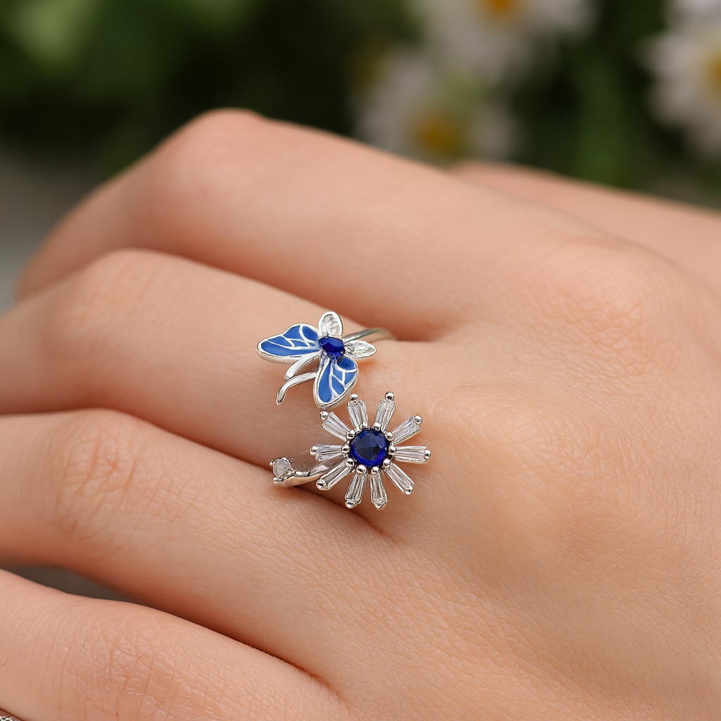 Anillo Ajustable Plata 925 Mariposa Flor Margarita Circones Zafiro-2