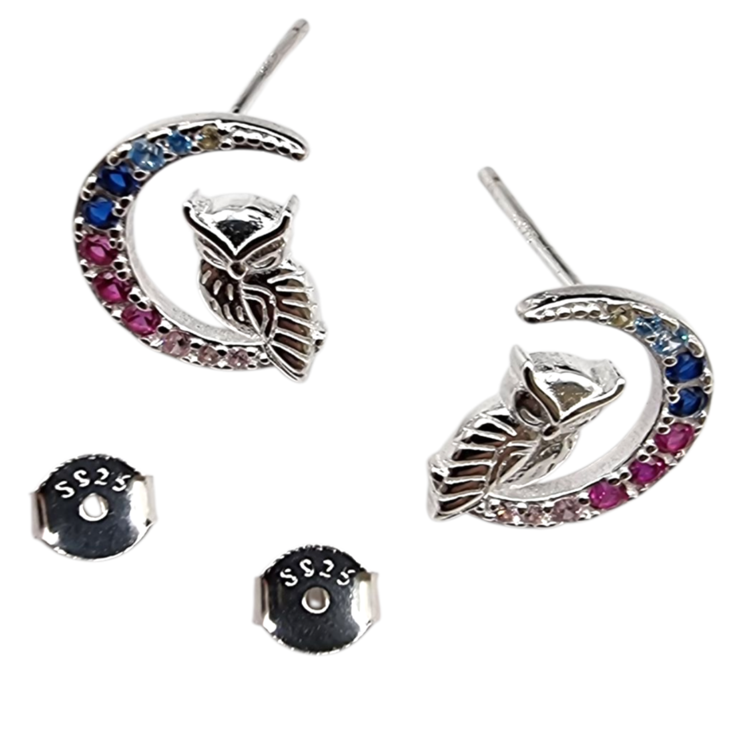 Aros de Media Luna y Búho en Plata 925 con Circones Multicolor-1