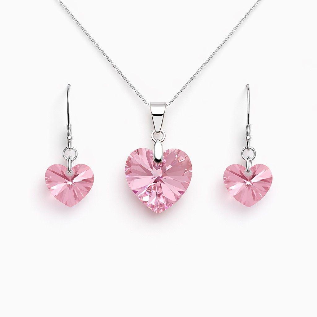 Conjunto Collar y Aros Corazón Cristal Austriaco Rosa Plata 925 -0