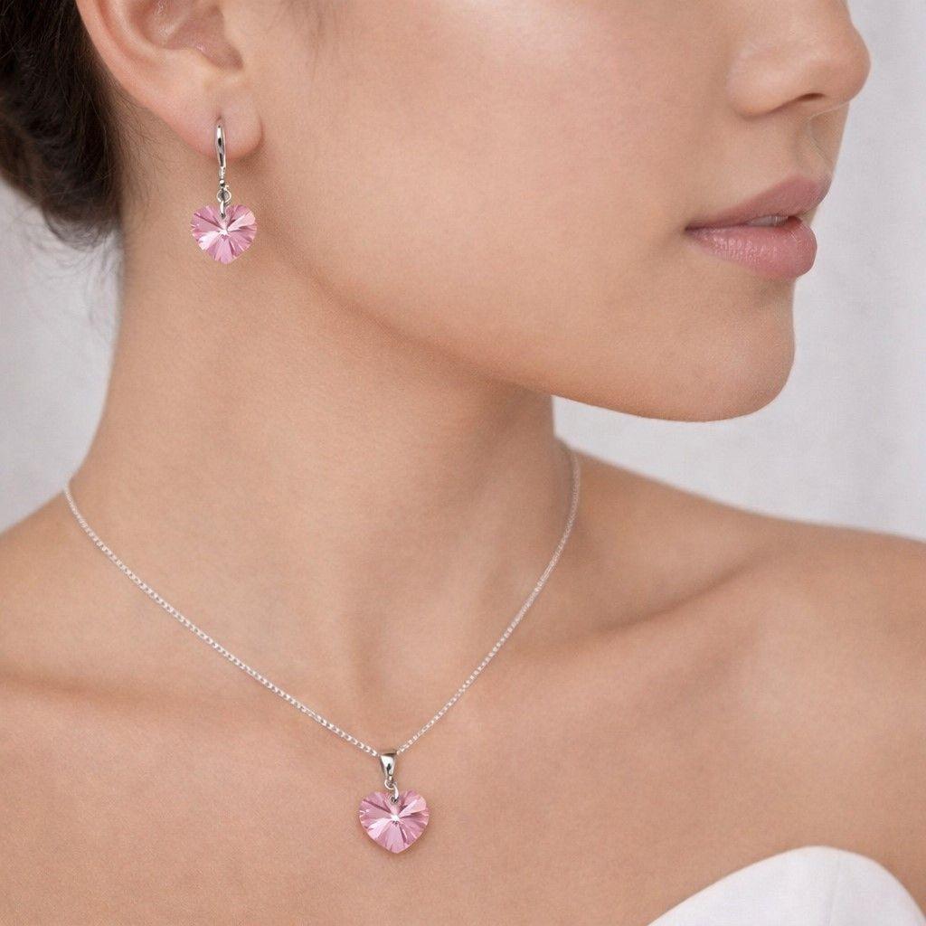 Conjunto Collar y Aros Corazón Cristal Austriaco Rosa Plata 925 -1