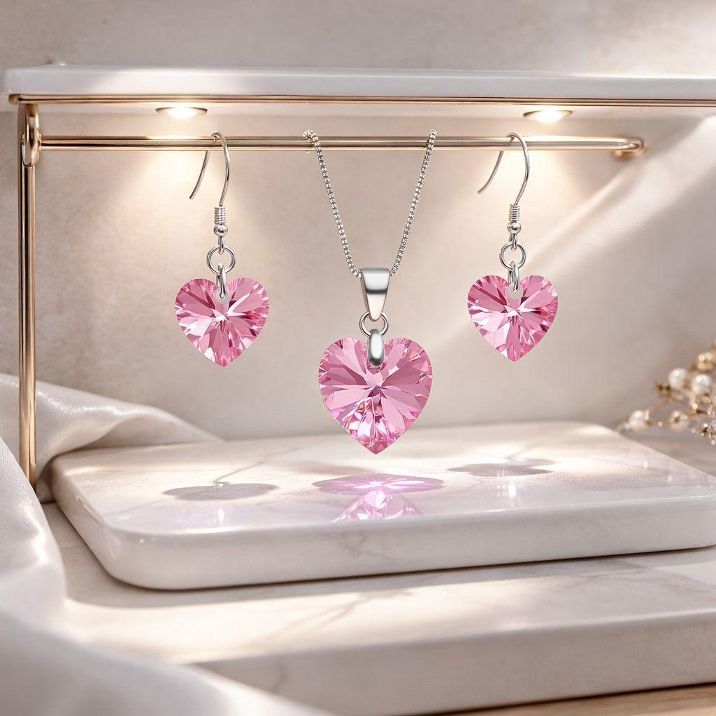Conjunto Collar y Aros Corazón Cristal Austriaco Rosa Plata 925 -2