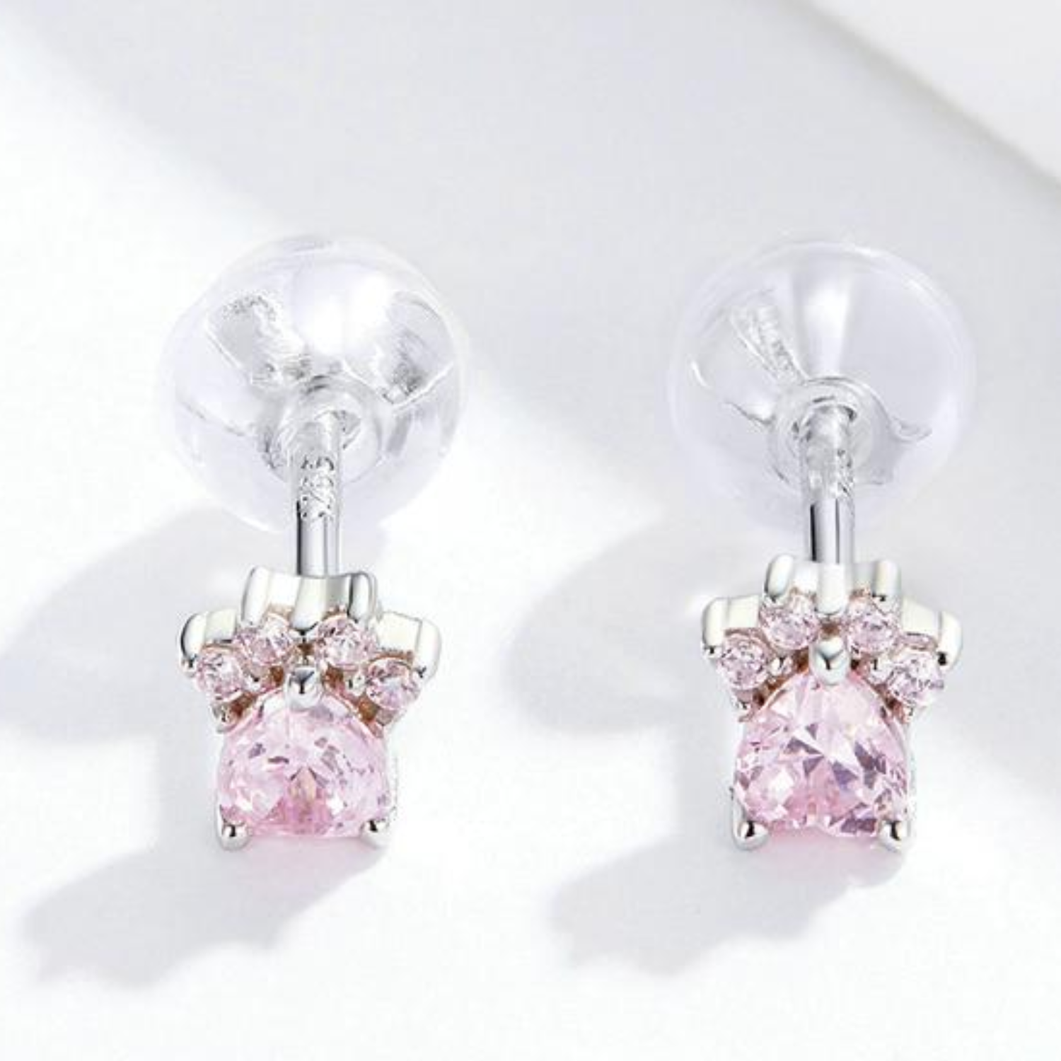 Aros de Plata 925 con Circonita Rosa Huella de Gatito Antialérgicos -1