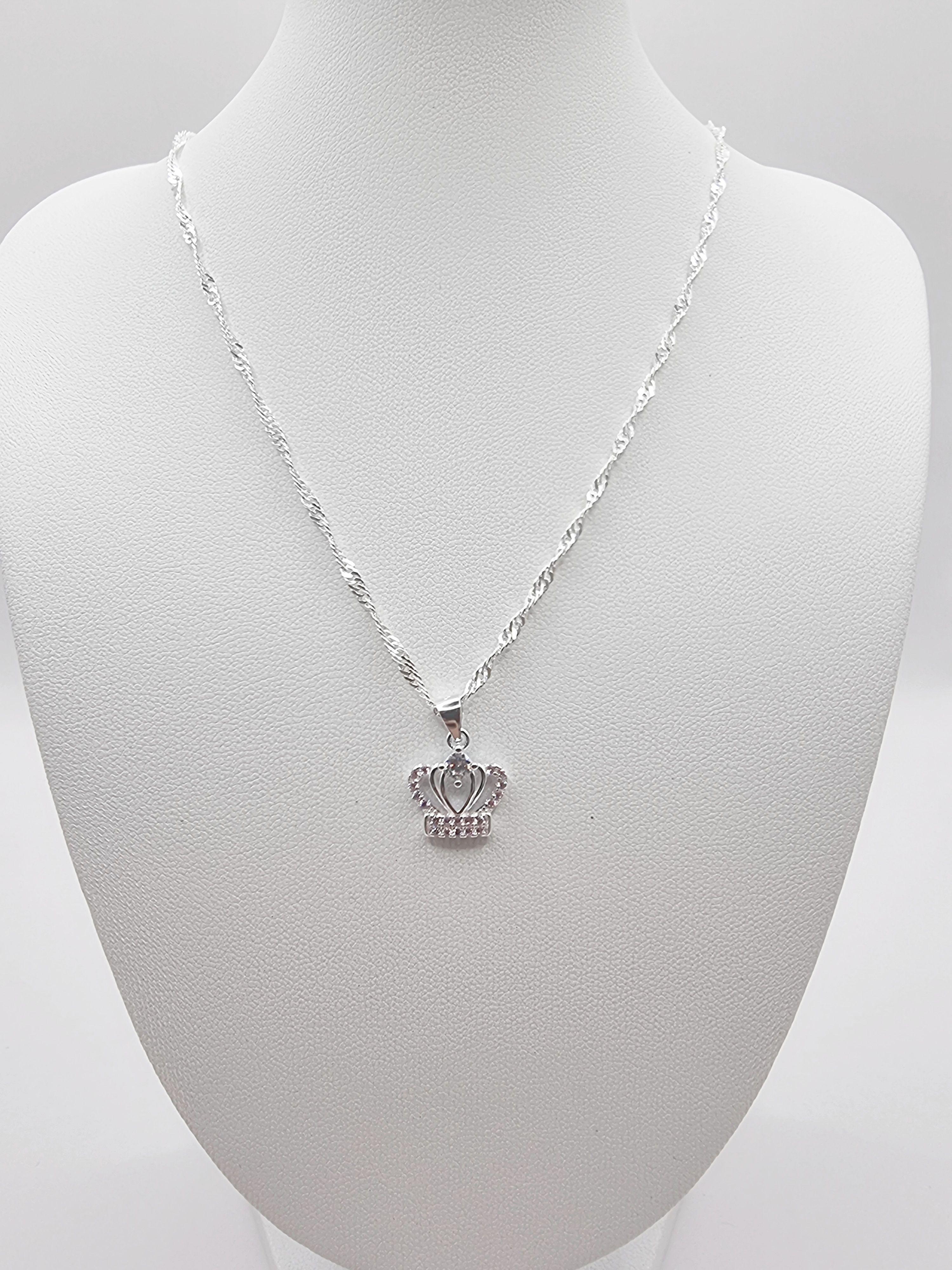 Conjunto Collar y Aros con Corona Circones Rosa en Plata 925 -2