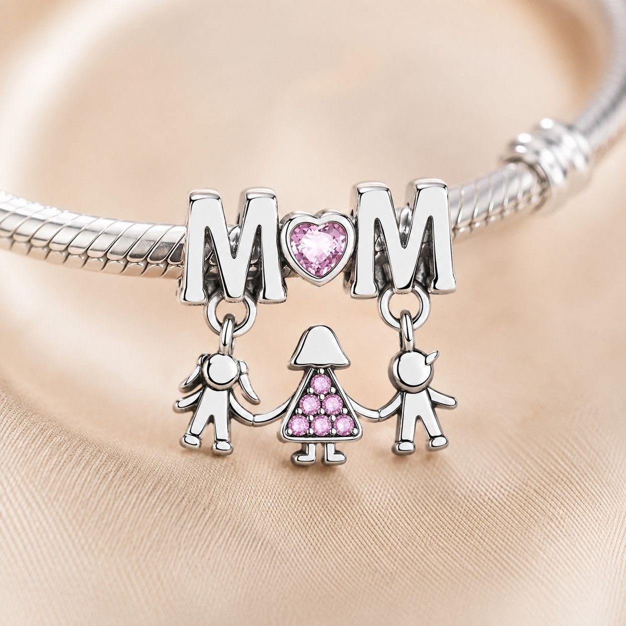 Charm Dije Mamá con Hijos Circón Rosa Plata 925-2
