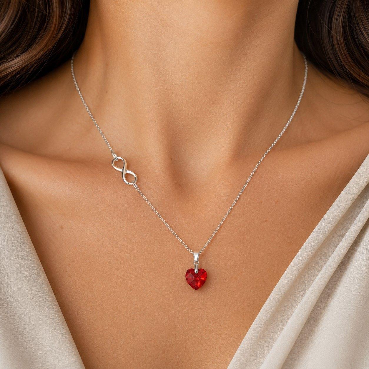 Collar Infinito Corazón Cristal Rojo Plata 925 -3