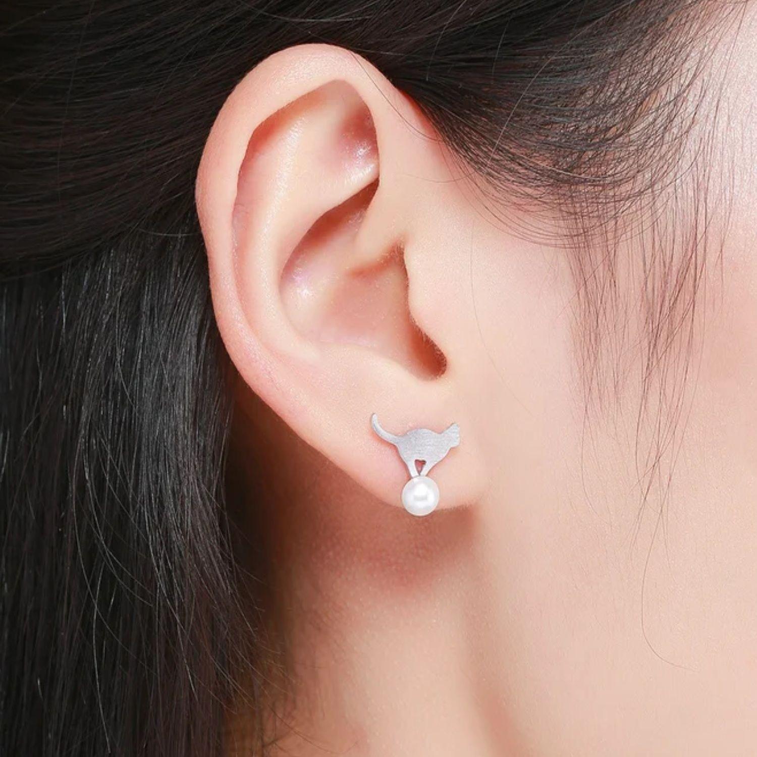 Aros Gato con Perla en Plata 925-2