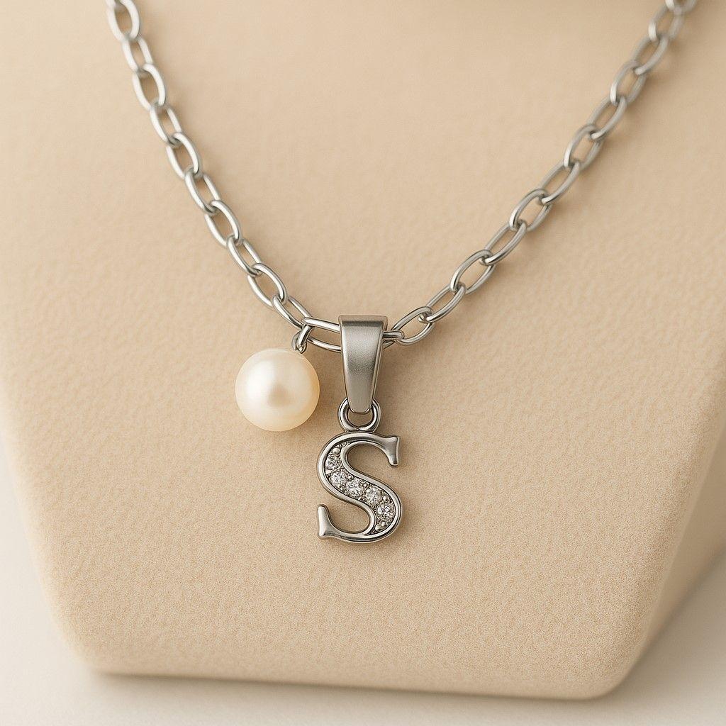 Collar Letra S Circón Perla De Rio Plata Ley 925 -2