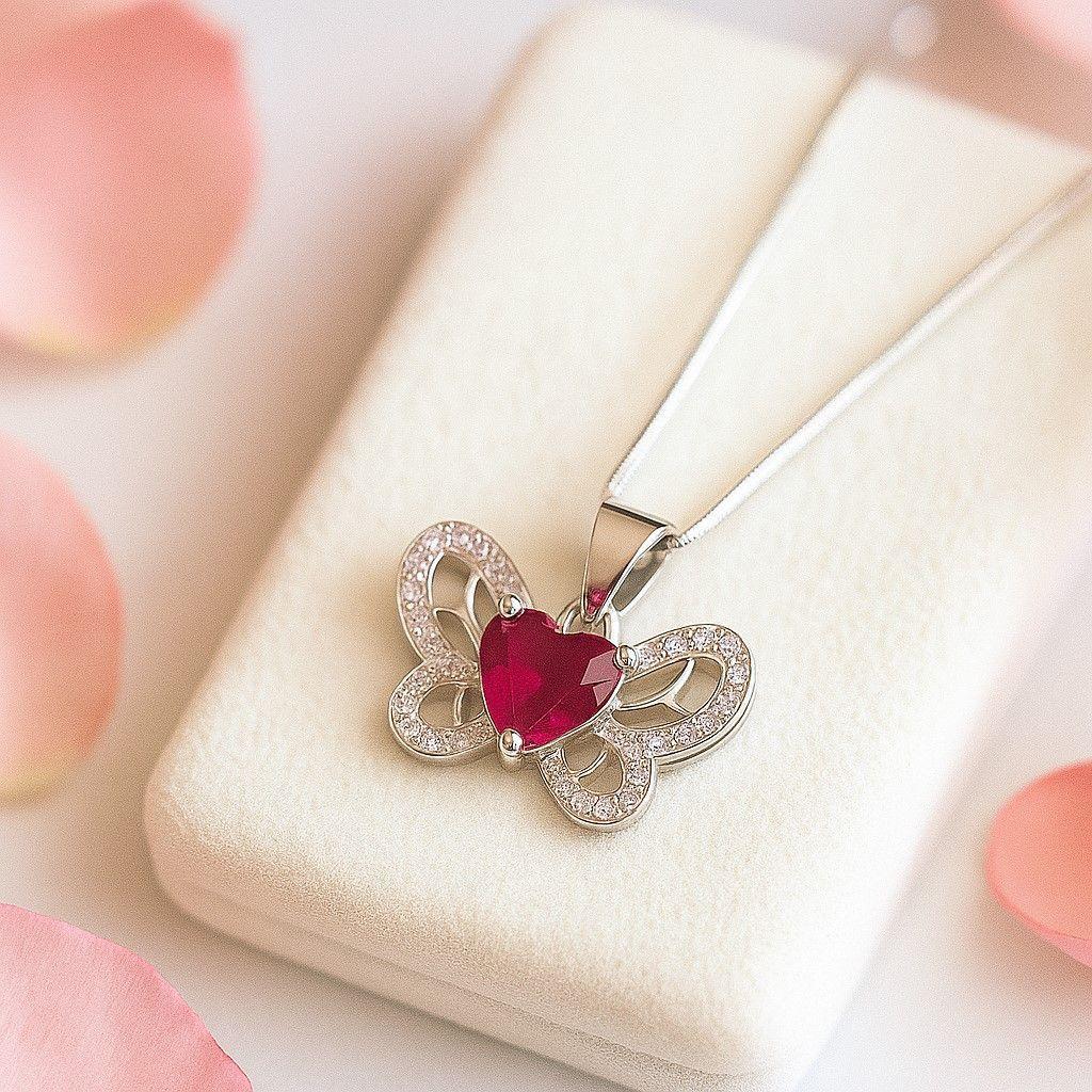 Collar Mariposa Corazón Circón Rubí Plata 925 -2