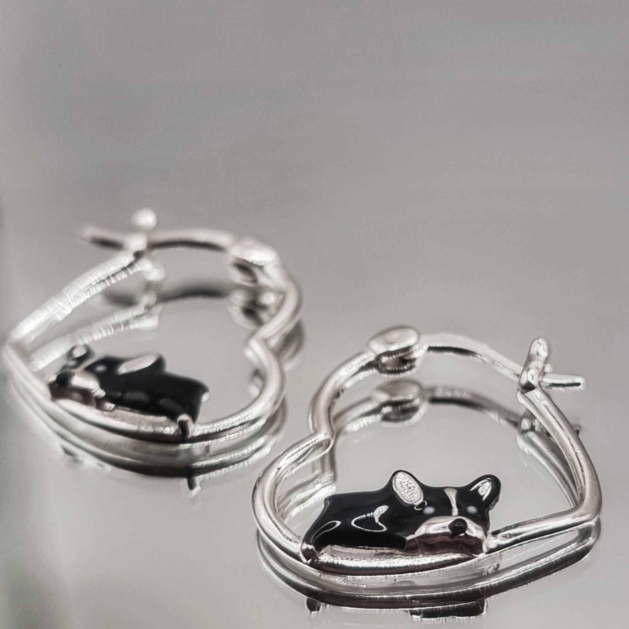 Aros Argolla Corazón Perrito Esmaltado en Plata 925 -2