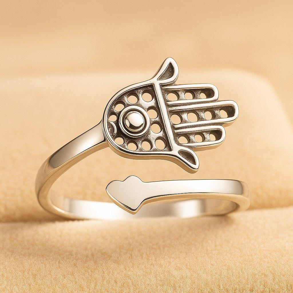 Anillo Ajustable Plata 925 Mano de Fátima Corazón-2
