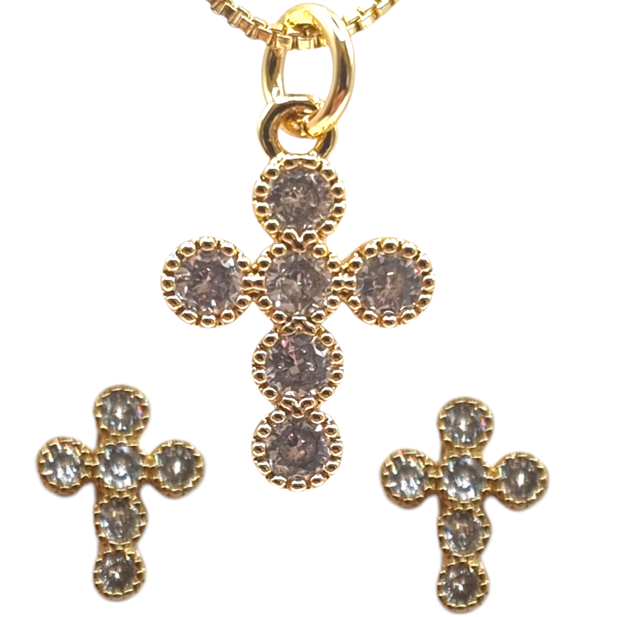 Collar y Aros Cruz Dorado Con Circones Brillantes-0