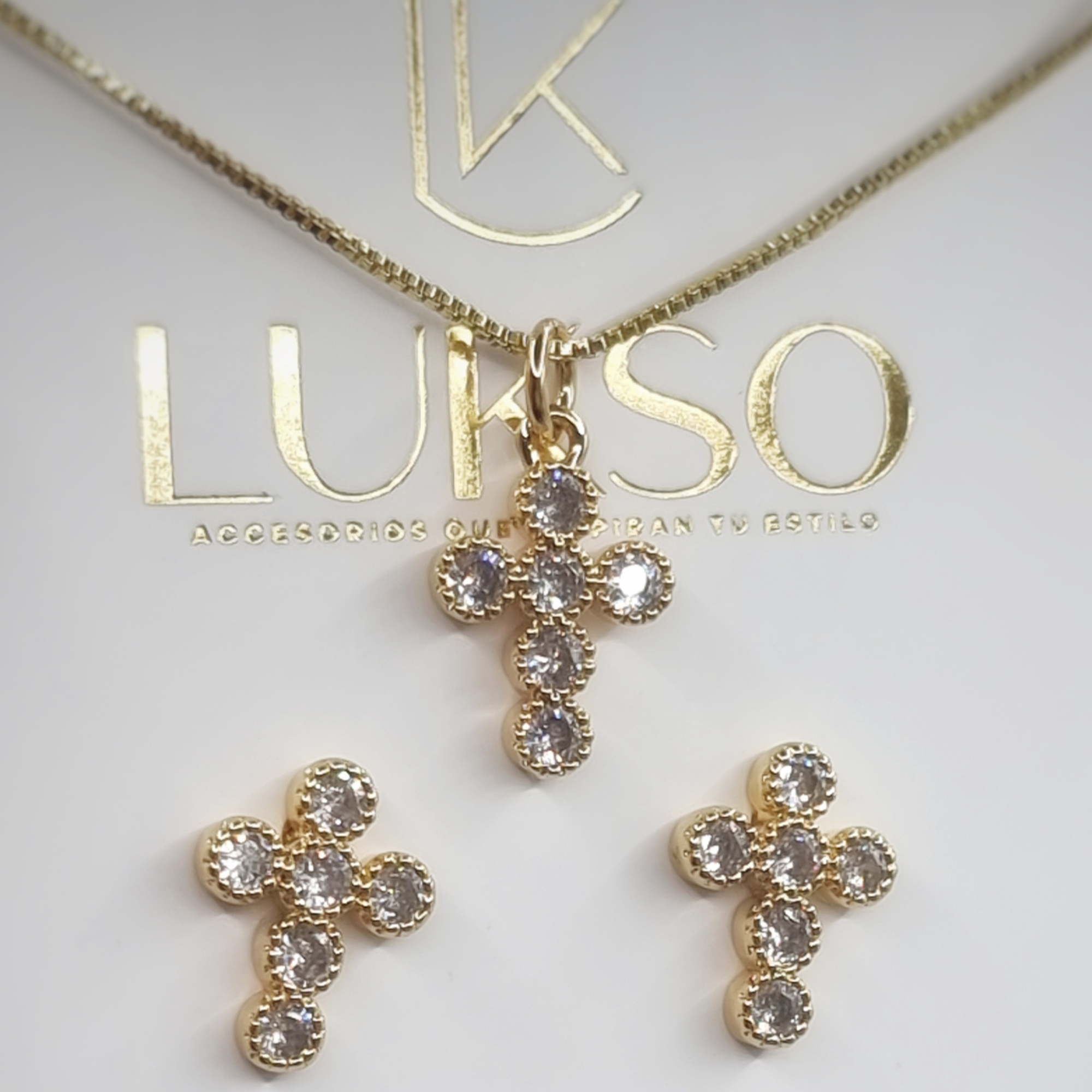 Collar y Aros Cruz Dorado Con Circones Brillantes-2