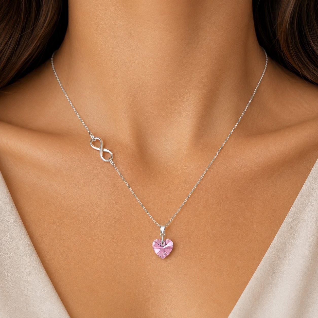 Collar Infinito Corazón Cristal Rosa Plata 925 -0