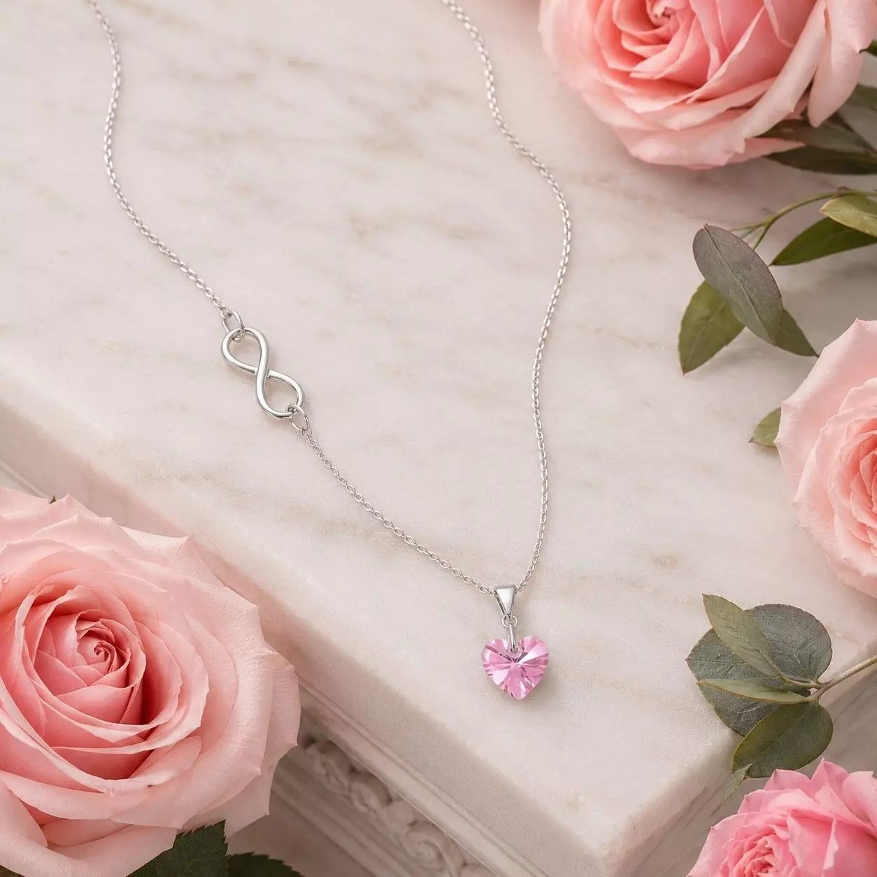 Collar Infinito Corazón Cristal Rosa Plata 925 -2