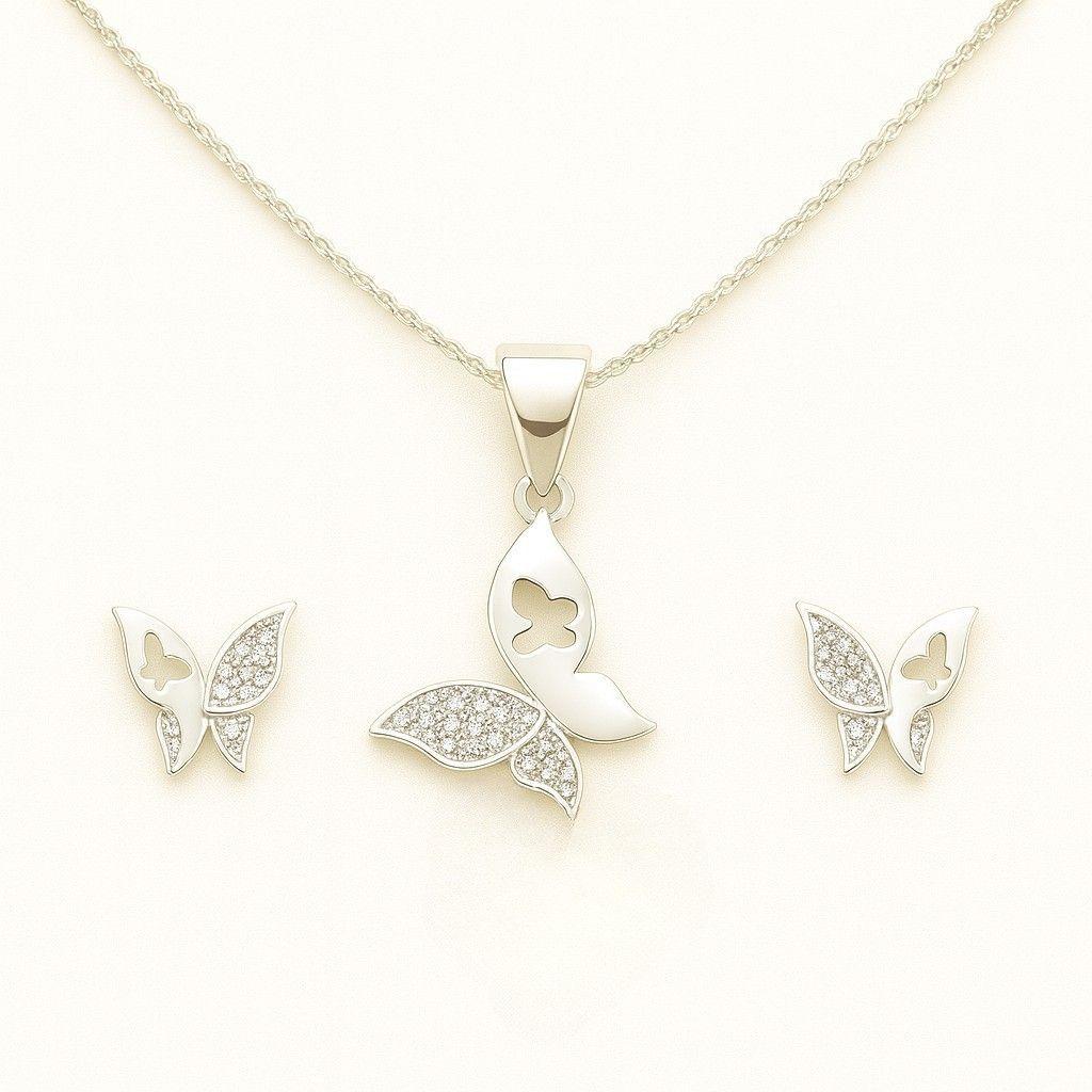 Conjunto Collar y Aros Mariposa Elegante Plata 925 -0