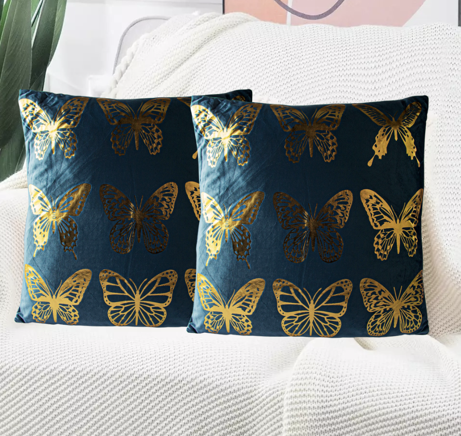 Set de 2 Cojines Terciopelo Mariposas Azul 45cm x 45cm-1