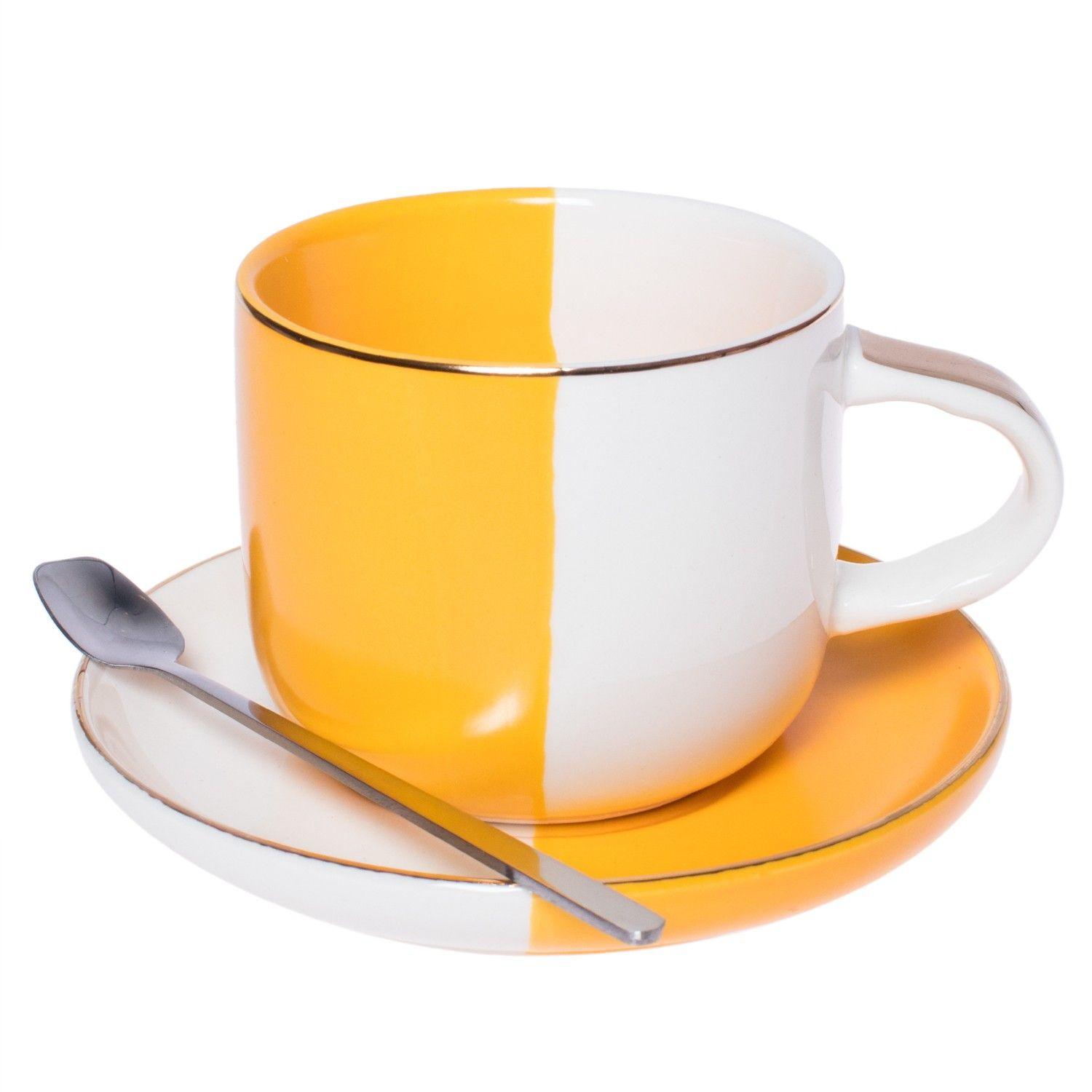 Taza Borde Dorado con Plato y Cuchara Amarillo Topsoc-0