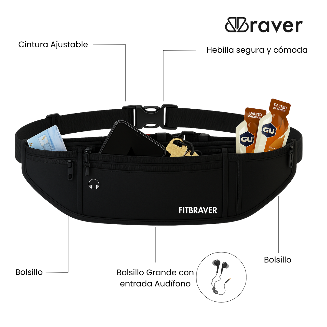 Cómodo Banano Running Fitbraver Resistente al Agua 3 Bolsillos Negro-4
